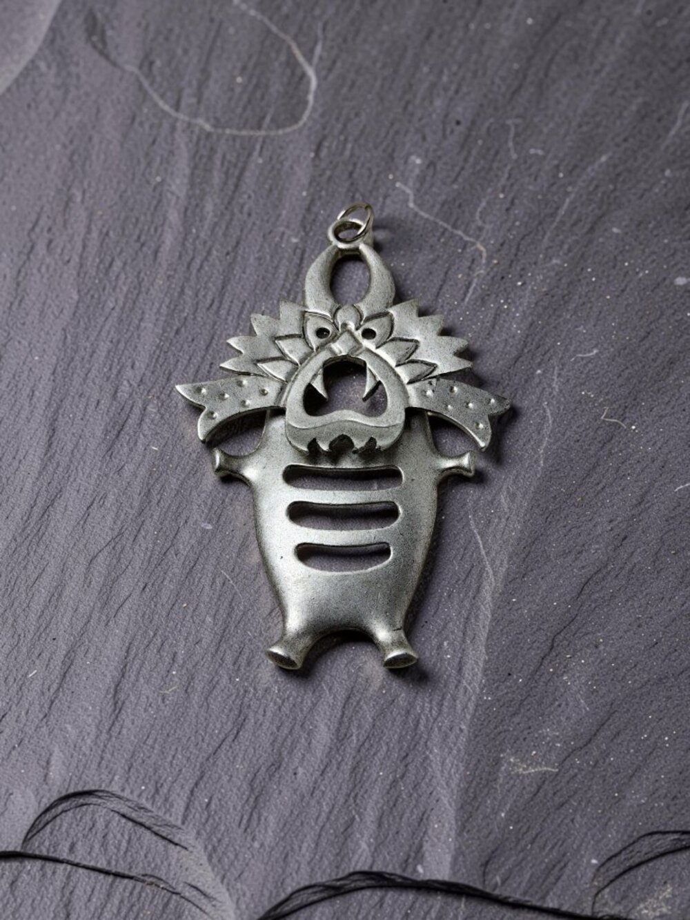 Vintage signed PL Pierre Lang silvertone tribal mask pendant